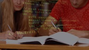 Animation of digital data processing over couple of caucasian students. School, education and study concept digitally generated video. - Powered by Shutterstock - Get 15% off with code: PIKWIZARD15