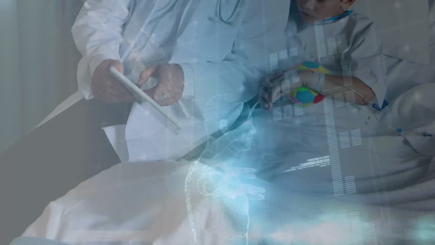 Data processing over caucasian male doctor with digital tablet talking to caucasian boy at hospital. Medical healthcare and technology concept