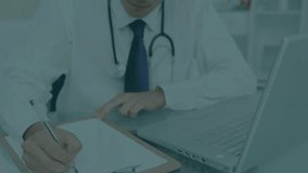 Animation of network of connections over caucasian male doctor writing on clipboard at hospital. Medical healthcare and technology concept - Powered by Shutterstock - Get 15% off with code: PIKWIZARD15