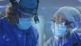 Network of digital icons over diverse male and female surgeons performing surgery at hospital. Medical healthcare and technology concept - Powered by Shutterstock - Get 15% off with code: PIKWIZARD15