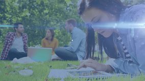 Animation of network of connections over diverse students learning in park. Global education and digital interface concept digitally generated video. - Powered by Shutterstock - Get 15% off with code: PIKWIZARD15