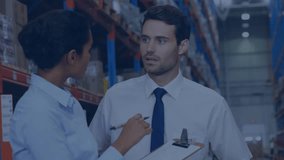 Animation of network of connections with icons over diverse workers in warehouse. Global business and digital interface concept digitally generated video. - Powered by Shutterstock - Get 15% off with code: PIKWIZARD15