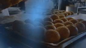 Animation of mathematical equations and network of connections over caucasian male baker. Global business, computing and digital interface concept digitally generated video. - Powered by Shutterstock - Get 15% off with code: PIKWIZARD15