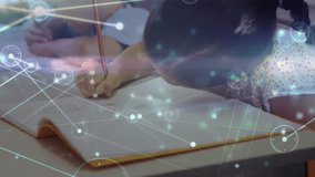 Animation of network of connections over diverse schoolchildren and teacher. Global connections, education and digital interface concept digitally generated video. - Powered by Shutterstock - Get 15% off with code: PIKWIZARD15