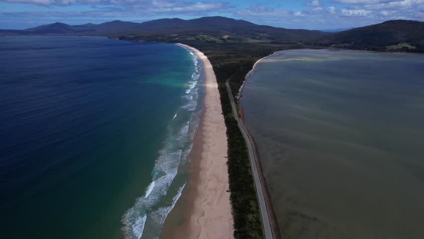 Simpsons Bay And Neck Beach On Bruny Island, Tasmania, Australia - Aerial Shot