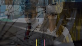 Animation of circuit board, connected icons, woman using vr headsets, man sitting in warehouse. Digital composite, multiple exposure, futuristic, shipping, technology and distribution concept. - Powered by Shutterstock - Get 15% off with code: PIKWIZARD15