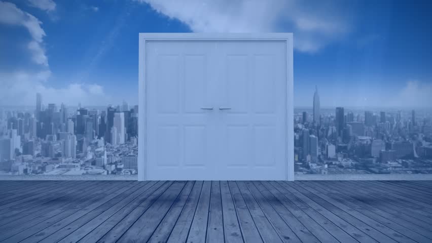 Animated door opening to reveal a cityscape. App interface menu with alpha channel.