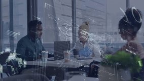 Animation of interface with data processing over diverse colleagues discussing at office. Global economy and business data technology concept - Powered by Shutterstock - Get 15% off with code: PIKWIZARD15