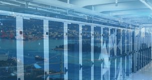 Animation of financial data processing and server room over cityscape. Global business, finances and digital interface concept digitally generated video. - Powered by Shutterstock - Get 15% off with code: PIKWIZARD15