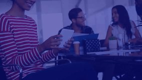 Animation of financial data processing over african american woman using digital tablet at office. Global finance and business technology concept - Powered by Shutterstock - Get 15% off with code: PIKWIZARD15