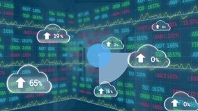 Animation of network of connections with icons and digital clouds over financial data. Network, connections, data processing and technology concept digitally generated video. - Powered by Shutterstock - Get 15% off with code: PIKWIZARD15