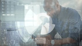 Animation of financial data processing over clock and businessman using smartphone. Global business, finance, computing and data processing concept digitally generated video. - Powered by Shutterstock - Get 15% off with code: PIKWIZARD15