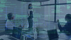 Animation of lines with data processing over diverse business people having meeting at office. Global business, connections and digital interface concept digitally generated video. - Powered by Shutterstock - Get 15% off with code: PIKWIZARD15