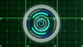 Animation of neon round scanner spinning over grid network against green background. Computer interface and business technology concept - Powered by Shutterstock - Get 15% off with code: PIKWIZARD15