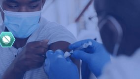 Animation of network of icons over african american man in face mask receiving injection. Global dentistry, connections, computing and data processing concept digitally generated video. - Powered by Shutterstock - Get 15% off with code: PIKWIZARD15
