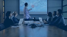 Animation of network of connections with icons over diverse colleagues discussing work. Global business, technology and digital interface concept digitally generated video. - Powered by Shutterstock - Get 15% off with code: PIKWIZARD15