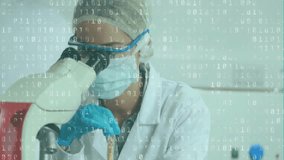 Animation of data processing over caucasian female scientist working in lab. Global science, computing and digital interface concept digitally generated video. - Powered by Shutterstock - Get 15% off with code: PIKWIZARD15