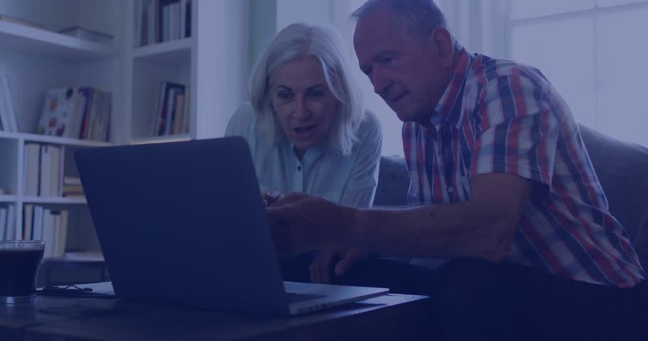 Using laptop, elderly couple engaging with animation icons on screen. Technology, seniors, communication, digital, internet, online