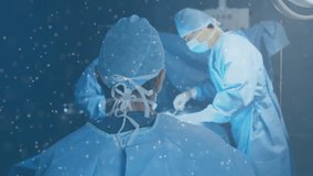 Surgeons performing procedure in OR, digital overlay guiding instrument placement under lights. Medical, professional, futuristic, healthcare, precision, collaboration, sterile - Powered by Shutterstock - Get 15% off with code: PIKWIZARD15