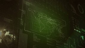 Wireframe map floating center, displaying green interface with particles drifting and alert badges. Futuristic, digital, technology, data, interface, network, cyber - Powered by Shutterstock - Get 15% off with code: PIKWIZARD15