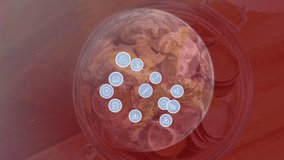 Animation of globe and technology icons on red background. global network, connections, technology and digital interface concept digitally generated video. - Powered by Shutterstock - Get 15% off with code: PIKWIZARD15