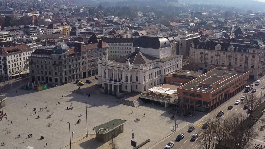 Zurich, Switzerland: Aerial drone footage of the historic building of the Opera house  Zurich, the Opernhaus,  in Switzerland largest city. 