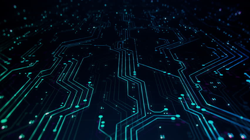 Seamlessly Loopable Animation of Neon Circuit Board Pattern. Modern Abstract Technology themed Background with PCB Colorful Lines and Motherboard Traces. Concept: Innovation in Electronics and Engineering