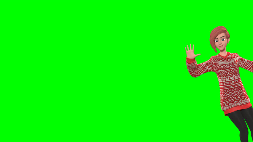 Emma 3D character slide in and wave on green screen. Friendly female mascot animation for presentation, promo, education, advertising, explainer video, social media, and business content.
