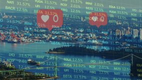 Animation of financial data, graphs and social media reactions over cityscape. Global business, finance, social media and economy concept digitally generated video. - Powered by Shutterstock - Get 15% off with code: PIKWIZARD15