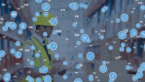 Animation of network of connections with icons over caucasian male worker in warehouse. Global connections, shipping and digital interface concept digitally generated video. - Powered by Shutterstock - Get 15% off with code: PIKWIZARD15