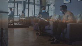 Digital infographic with 6g, globe and coding over multiracial coworkers in masks working at office. Animation, digital composite, global business, covid, teamwork, telecommunication and technology. - Powered by Shutterstock - Get 15% off with code: PIKWIZARD15