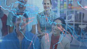 Animation of globe, data processing and happy diverse female and male coworkers. Business, data processing and technology concept digitally generated video. - Powered by Shutterstock - Get 15% off with code: PIKWIZARD15