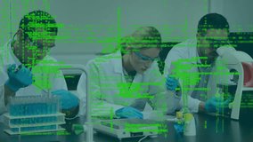 Animation of data processing over team of diverse male and female scientist discussing at laboratory. Medical research and science technology concept - Powered by Shutterstock - Get 15% off with code: PIKWIZARD15