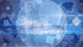 Animation of network of digital icons against diverse businesspeople discussing at office. Global networking and business technology concept - Powered by Shutterstock - Get 15% off with code: PIKWIZARD15