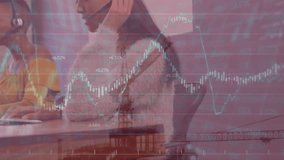 Animation of trading board, graphs and crane on diverse male manager guiding agent on digital tablet. Digital composite, multiple exposure, stock market, report, customer representative, call center. - Powered by Shutterstock - Get 15% off with code: PIKWIZARD15