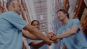 Animation of network of connections over diverse volunteers working in warehouse. Global networks, shipping, business, finances, computing and data processing concept digitally generated video. - Powered by Shutterstock - Get 15% off with code: PIKWIZARD15