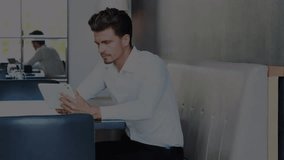 Animation of stock market data processing over businessman using tablet at a cafe. Global economy and business data technology concept - Powered by Shutterstock - Get 15% off with code: PIKWIZARD15