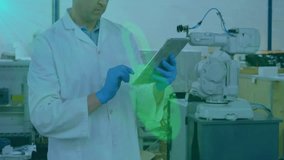 Scientist in lab coat using tablet with fingerprint security animation over robot. Technology, innovation, laboratory, research, biometrics, robotics - Powered by Shutterstock - Get 15% off with code: PIKWIZARD15