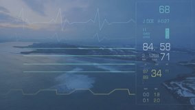 Medical data and heart rate animation over aerial view of snowy coastline. Health, analytics, technology, winter, monitoring, digital - Powered by Shutterstock - Get 15% off with code: PIKWIZARD15