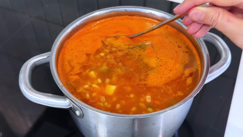Delicious Homemade Soup Cooking in a Pot with Vibrant Ingredients and Steaming Aroma