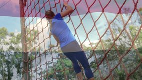 Animation of flag of netherlands over caucasian woman during obstacle race training. national sports, activity and patriotism concept digitally generated video. - Powered by Shutterstock - Get 15% off with code: PIKWIZARD15
