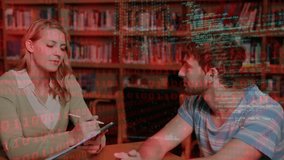 Animation of programming language over caucasian female teacher discussing with male student. Digital composite, multiple exposure, education, coding, university and technology concept. - Powered by Shutterstock - Get 15% off with code: PIKWIZARD15