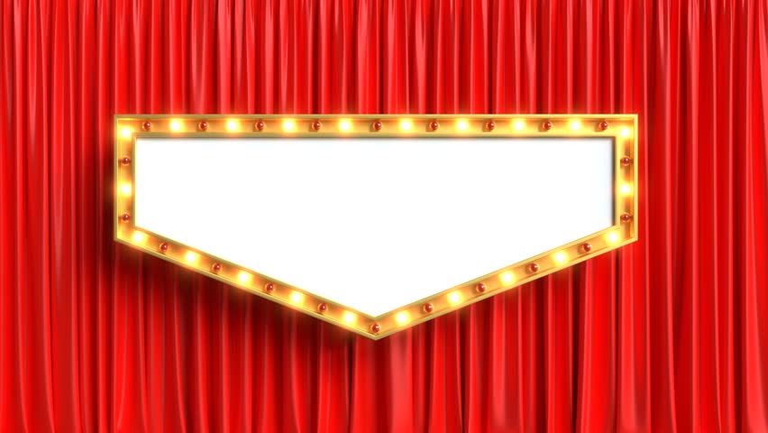 Retro marquee sign with glowing lights on a red curtain for custom text. 3D Render