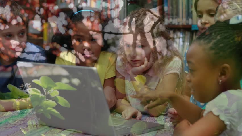 Animation of leaves over diverse schoolchildren using laptop. Global education, learning and nature concept digitally generated video