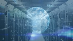 Animation of data processing with globe over server room. Global technology, computing and digital interface concept digitally generated video. - Powered by Shutterstock - Get 15% off with code: PIKWIZARD15
