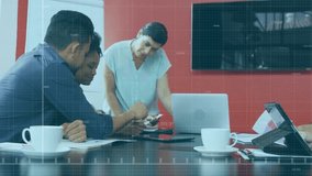 Animation of red line and financial data processing over diverse business people in office. Global business, finances, computing and data processing concept digitally generated video. - Powered by Shutterstock - Get 15% off with code: PIKWIZARD15