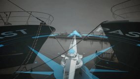 Animation of compass with future past text over shipyard. Global shipping, connections, computing and data processing concept digitally generated video. - Powered by Shutterstock - Get 15% off with code: PIKWIZARD15