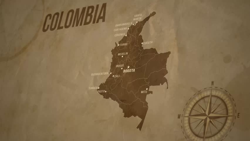 Vintage Map of COLOMBIA with states Borders and Major Cities Positions