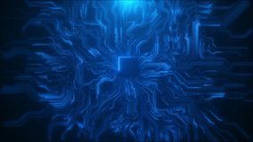 Futuristic ai processor, circuit board design motion picture. hi tech circuits fantastic background cyberpunk hud Artificial intelligence chip, tech background network technology Blue copy space 3D 4K - Powered by Shutterstock - Get 15% off with code: PIKWIZARD15