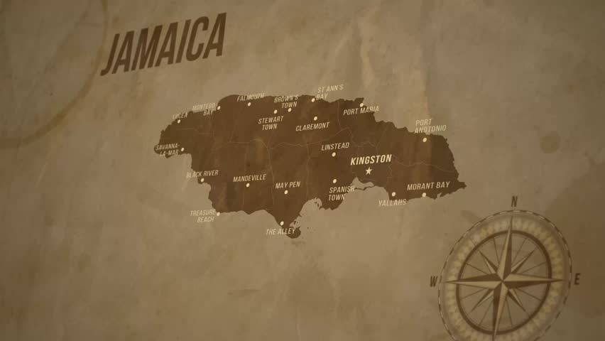 Vintage Map of JAMAICA with states Borders and Major Cities Positions